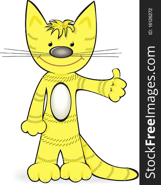 Grinning yellow cat stands on its hind legs