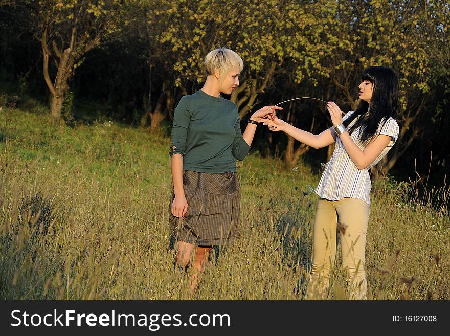 Beautiful teenager girls playing with plants in nature. Beautiful teenager girls playing with plants in nature