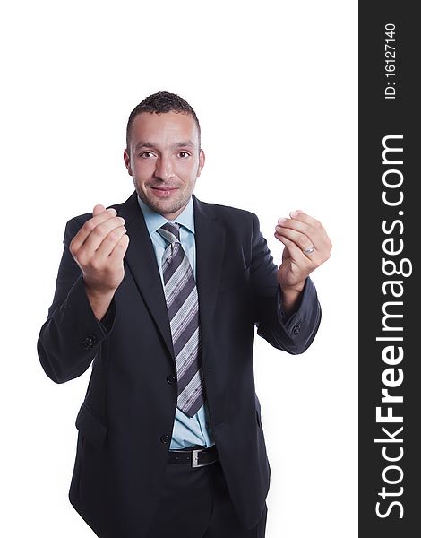 Young businessman make money sign with his fingers