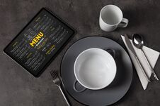 Tableware With Online Menu On Tablet Stock Photos Tableware With Online Menu On Tablet Stock Photos