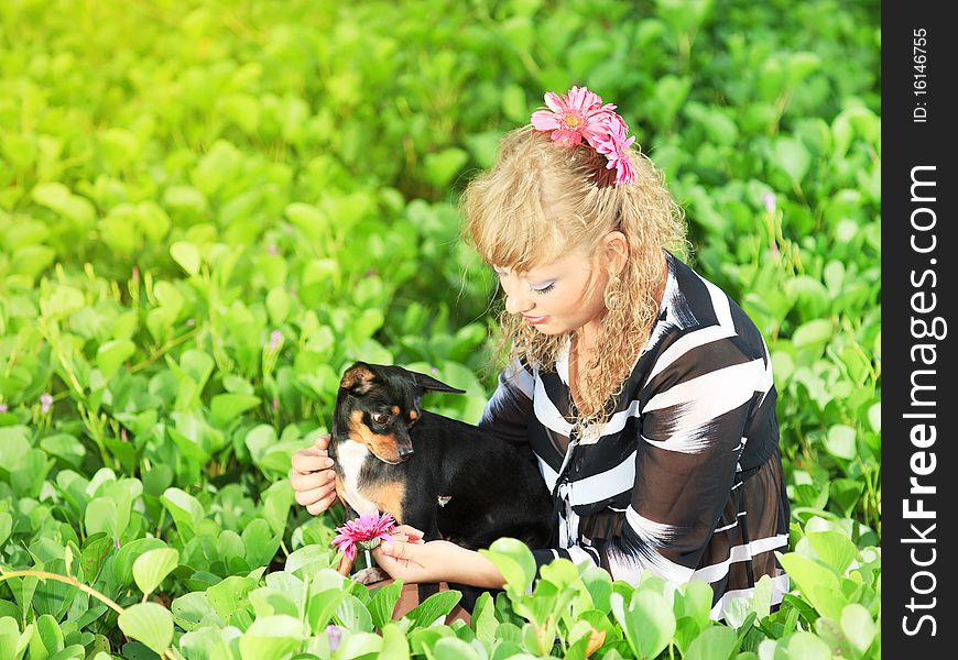 Beautiful young woman with her pet dog outdoor. Beautiful young woman with her pet dog outdoor