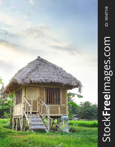 Beautiful classic wooden house in the middle of the rice field