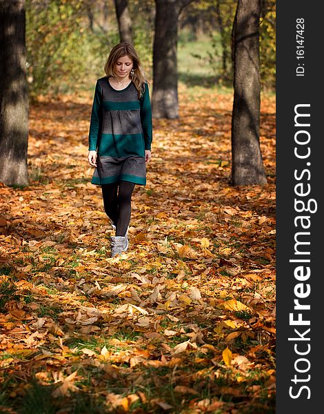 Beautiful woman walking alone in a autumn scenery. Beautiful woman walking alone in a autumn scenery