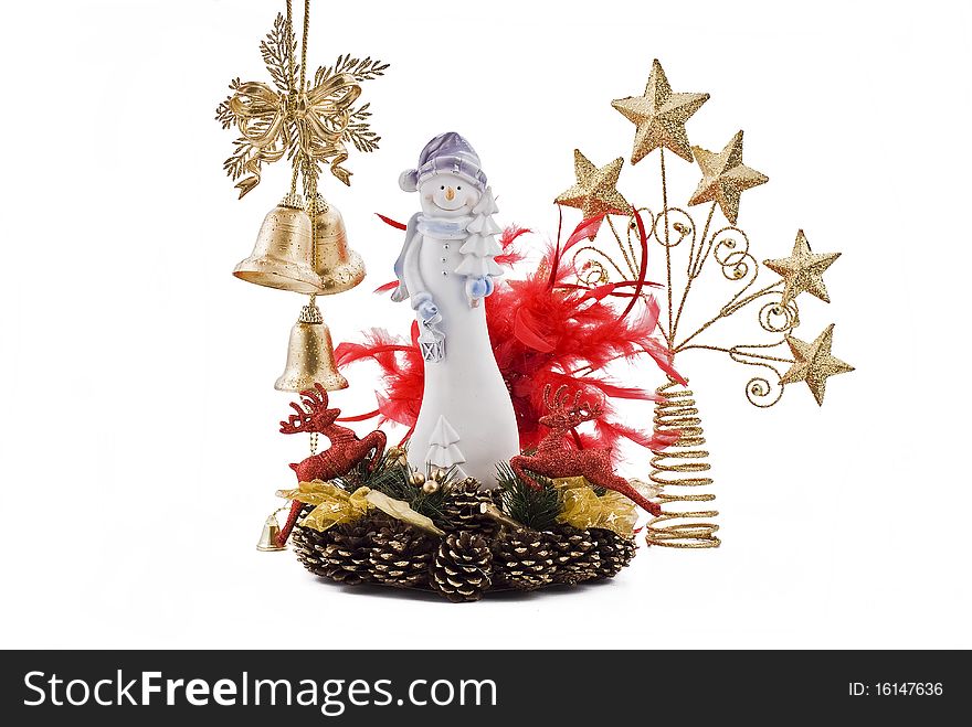 Christmas snowmans with golden bells and golden stars on the cones decoration