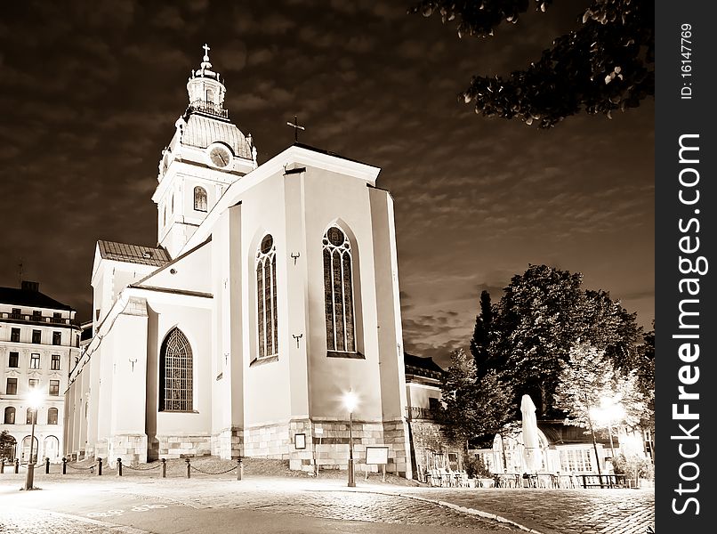 Sankt Jakobs kyrka church in stockholm at night