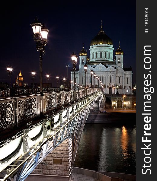 View on the Cathedral of Christ the Savior from the Patriarchal bridge, at night. View on the Cathedral of Christ the Savior from the Patriarchal bridge, at night