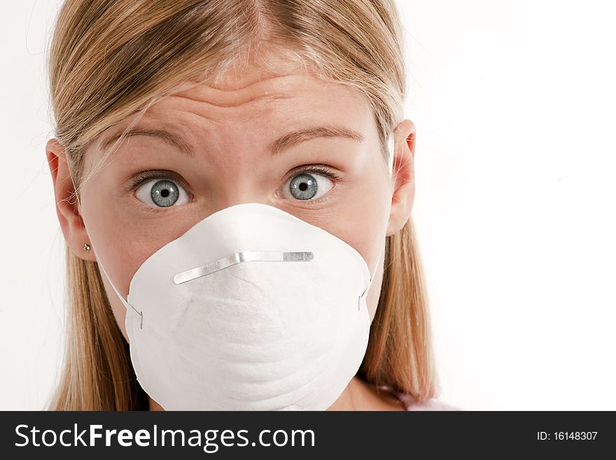 Young woman with protecting mask, white background