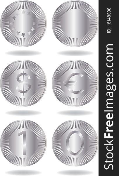 Silver coins set. Various variants of design. Isolated on a white background. Vector illustration (EPS8). All parts (object) closed, possibility to edit.