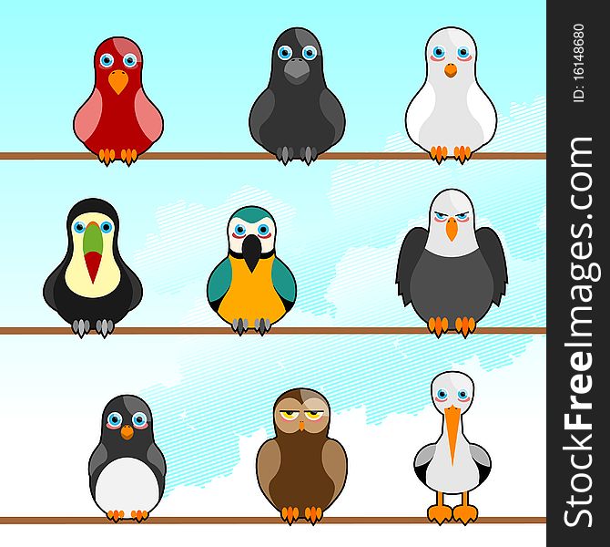 Set of cartoon birds illustration vector