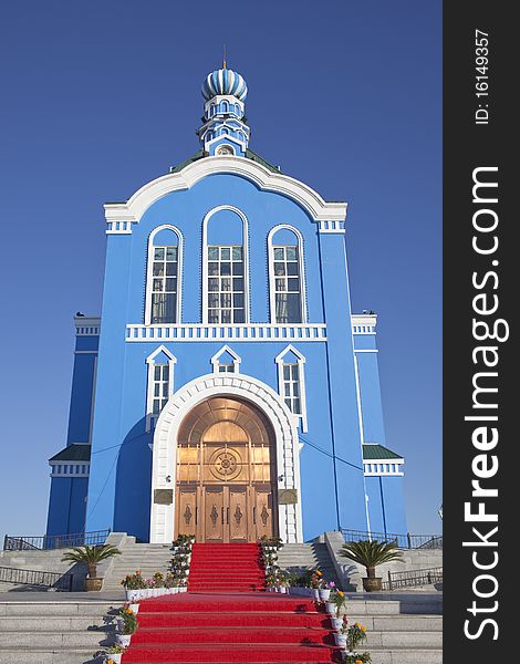 The blue orthodoxy church in the summer of Manchuria city of China