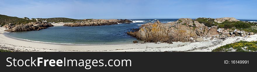 Panorama of a beach near Cape Columbine on the west coast of South Africa in the Western Cape Province, near Paternoster