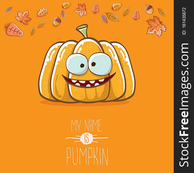 Vector funny cartoon cute orange smiling pumkin isolated on orange background. My name is pumkin vector concept