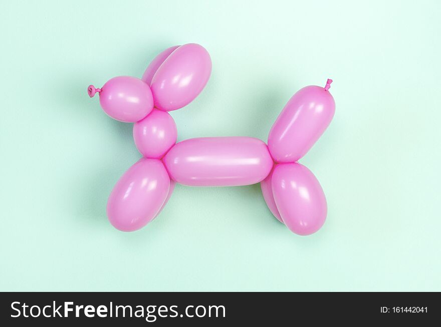 Pink balloon in the shape of a dog on a mint background. Pink balloon in the shape of a dog on a mint background