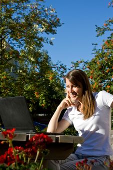 Happy Girl On The Street With A Laptop Royalty Free Stock Photo Happy Girl On The Street With A Laptop Royalty Free Stock Photo