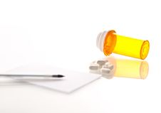 Medicine Bottle, Pills, Prescription And Pen Stock Image