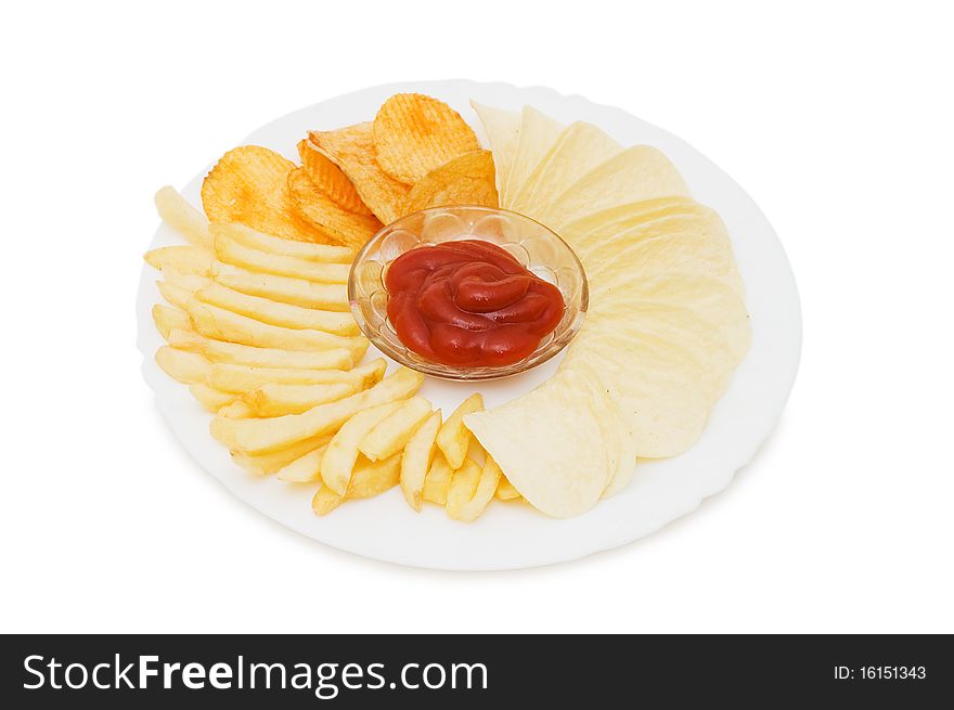 The potato chips with sauce isolated on white