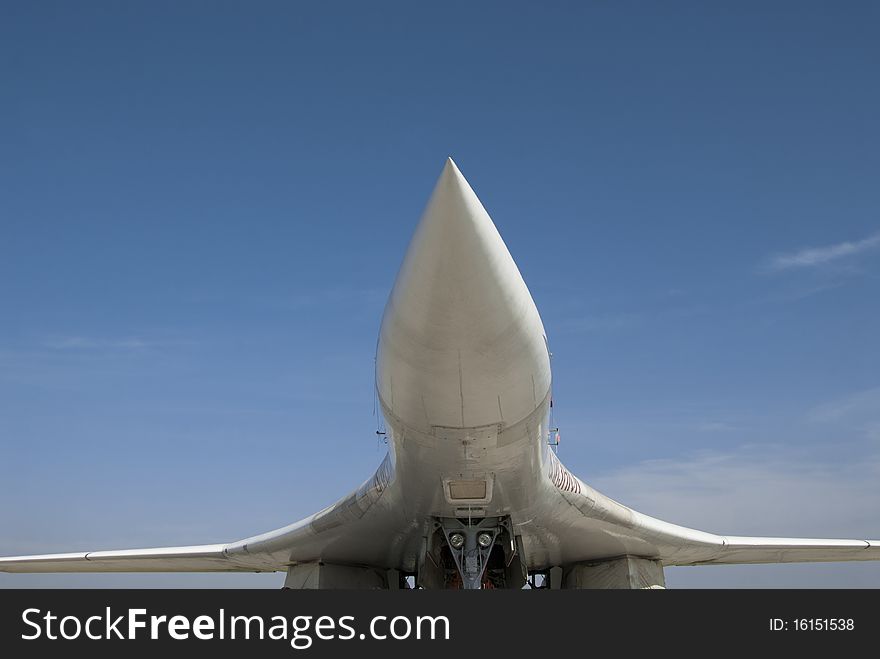 Russian strategic rocket carrier TU-160 against the blue sky. Russian strategic rocket carrier TU-160 against the blue sky.