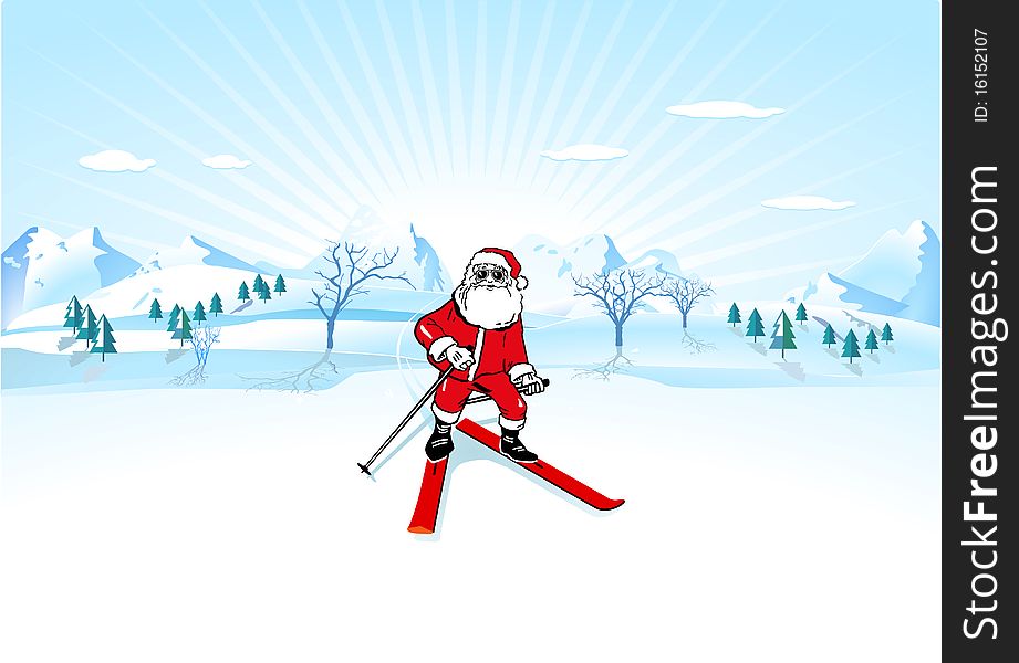 Santa Claus with ski, cold winter