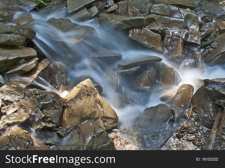 Cold mountain stream and waterfall