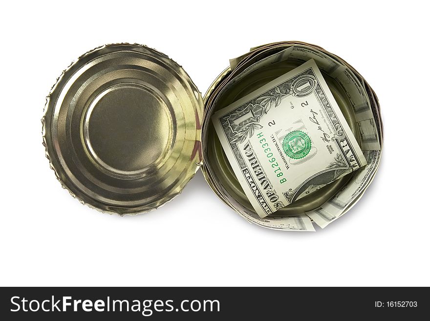 Canned dollars isolated on white background