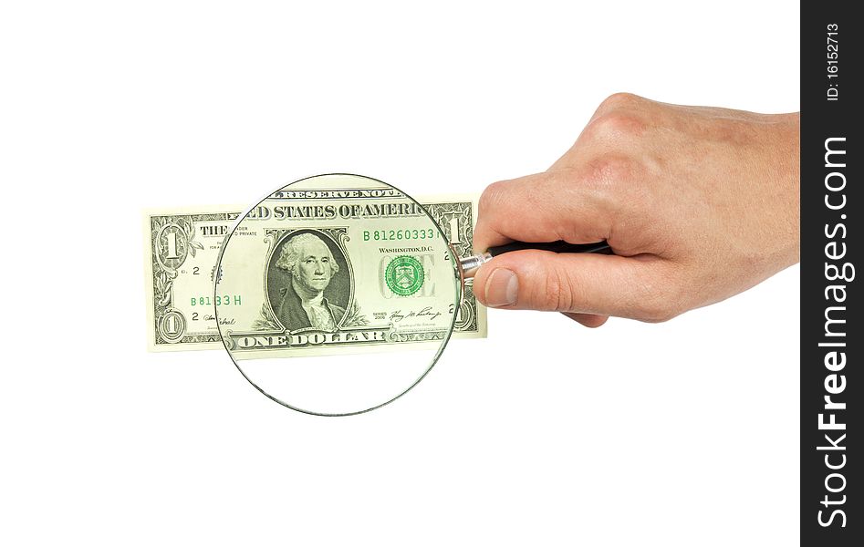 Dollar Bill And Hand Holding Magnifying Glass