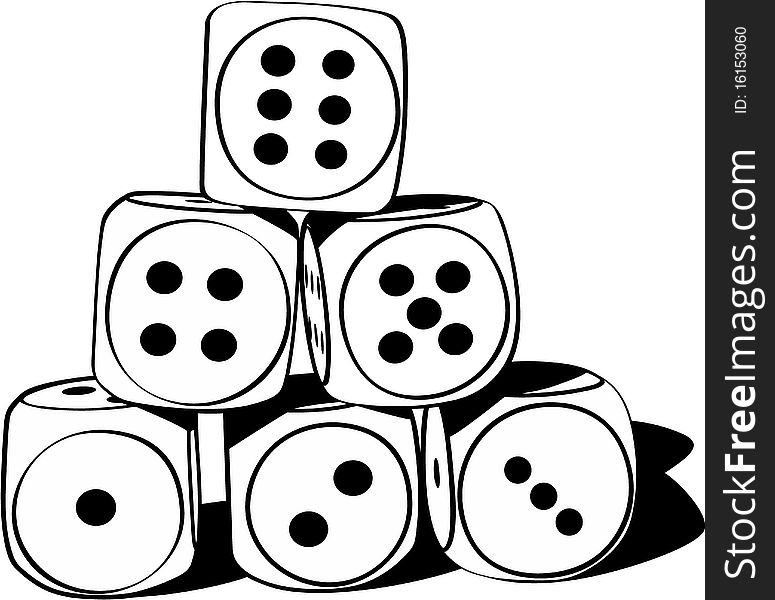 Six wood playing dices - illustrated