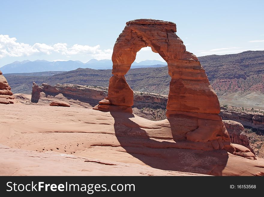 Delicate Arch is in Arches National Park, near Moab, Utah on a hot summer day. Delicate Arch is in Arches National Park, near Moab, Utah on a hot summer day.