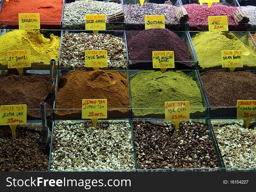 A view of herbalist in the Spice Bazaar in Eminonu, Istanbul, Turkey.