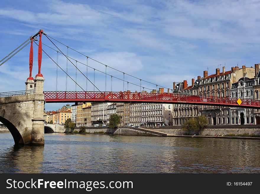 Red footbridge in Lyon city