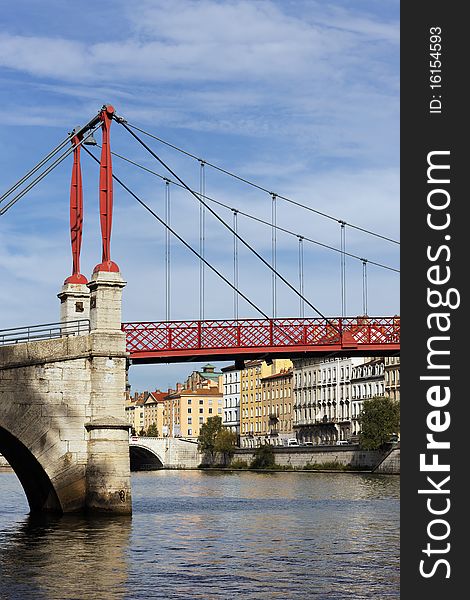 Red footbridge in Lyon city