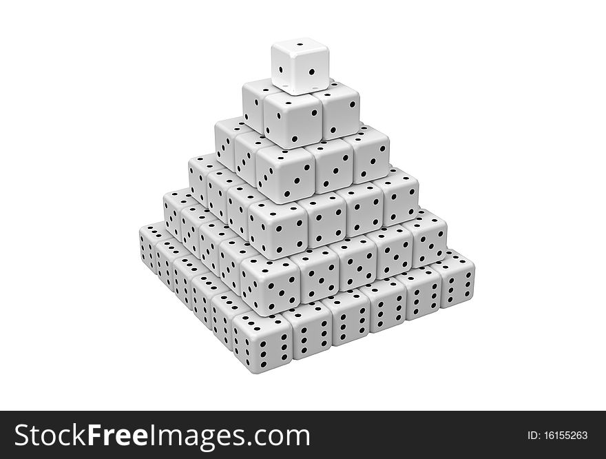 Pyramid made of dices isolated on white 3D render