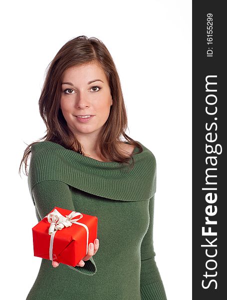 Women giving gift with white background