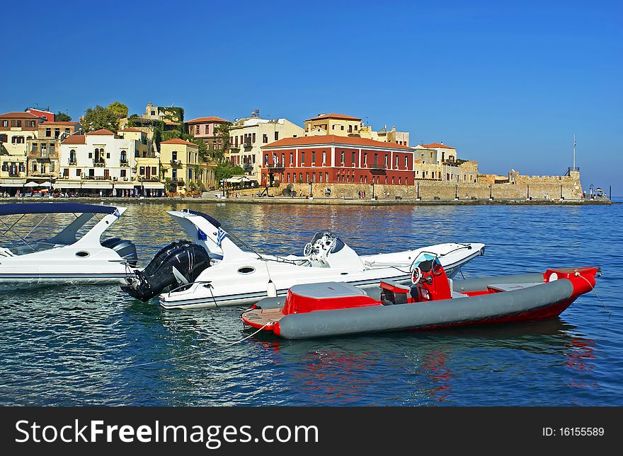 Motor boats on the quay in the Greek city Rethymno