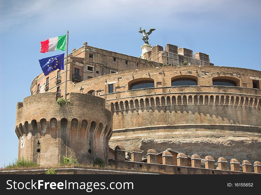 Sant Angelo Castle with modern flags in Rome, Italy. Sant Angelo Castle with modern flags in Rome, Italy.