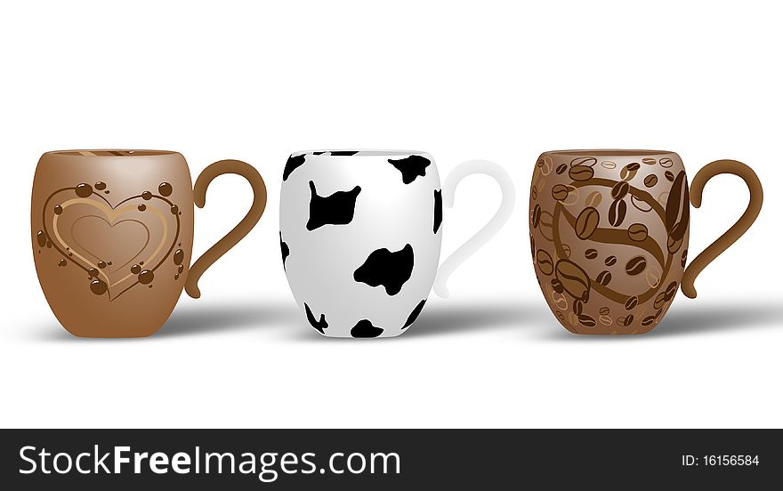 Picture of 3 cups. Coffee, milk and hot chocolate. Picture of 3 cups. Coffee, milk and hot chocolate