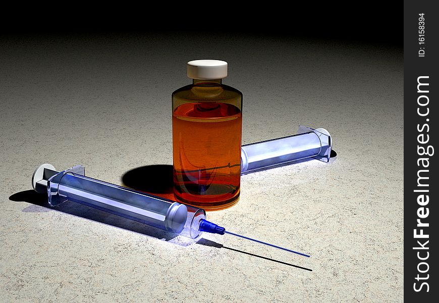 Scene of the syringe and flasks. Scene of the syringe and flasks