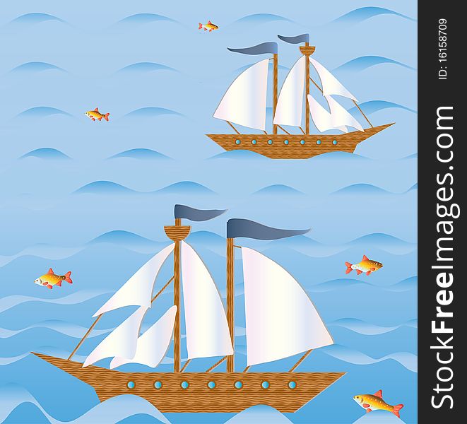 Sailing vessels in the high sea. Vector illustration