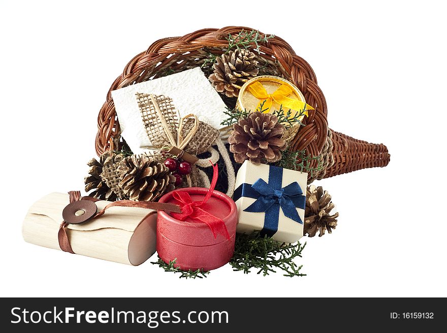 Cornucopia full of gift items on a white background. Cornucopia full of gift items on a white background