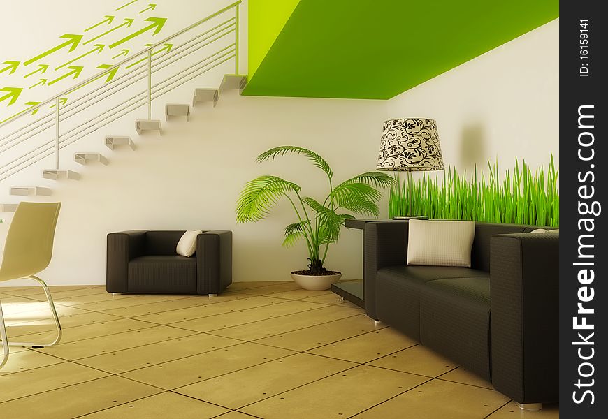 White liwing room with green elements