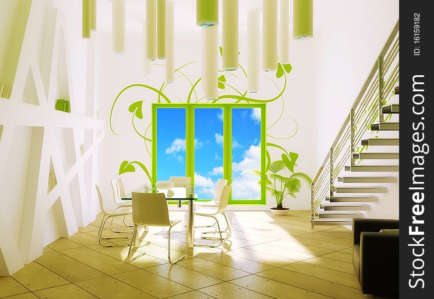 White liwing room with green elements