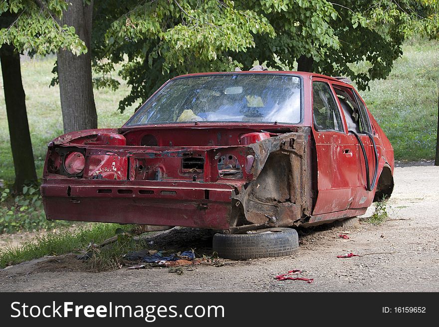 Wrecked car, Trmbas village, Serbia. Wrecked car, Trmbas village, Serbia