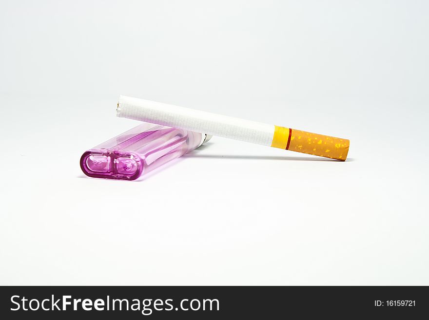 Cigarette and Lighter on white background