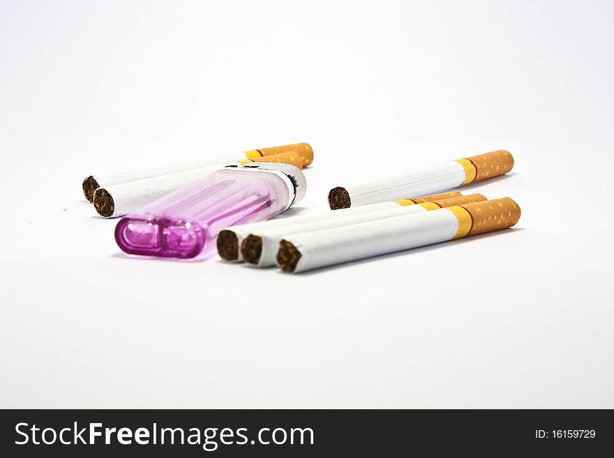 Cigarette and Lighter on white background