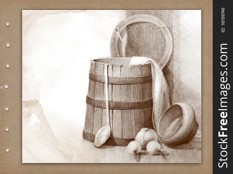 Background with pencil drawing of wood bucket