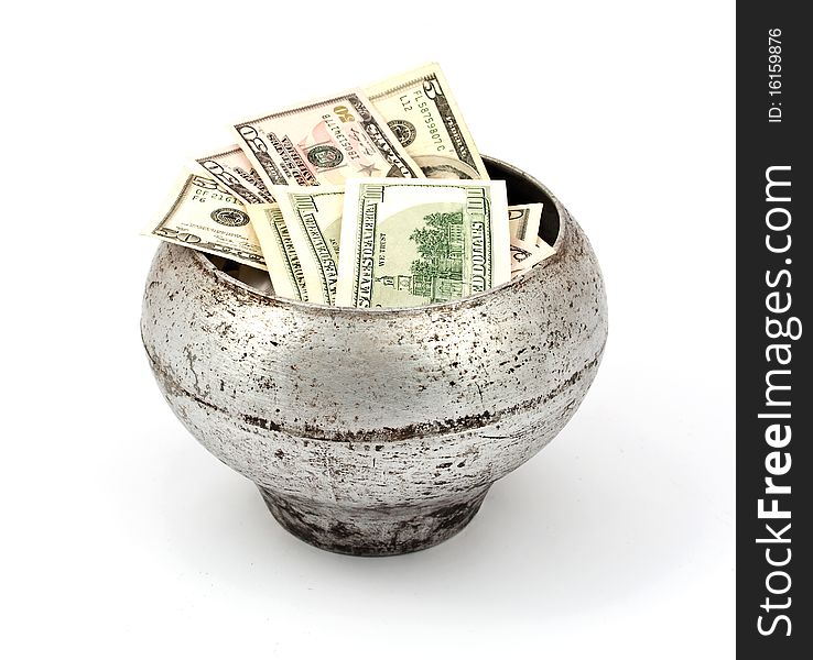 Pot of dollars on a white background