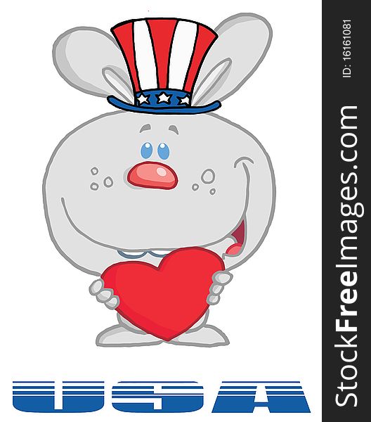 Gray american bunny standing over usa, holding a red heart and wearing a patriotic hat. Gray american bunny standing over usa, holding a red heart and wearing a patriotic hat