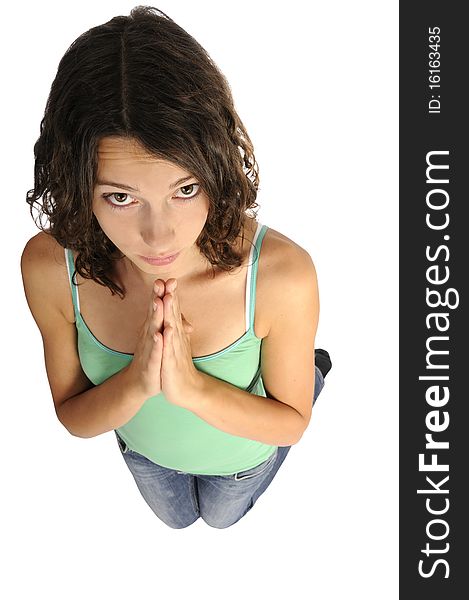 Shot of young woman begging isolated on white background