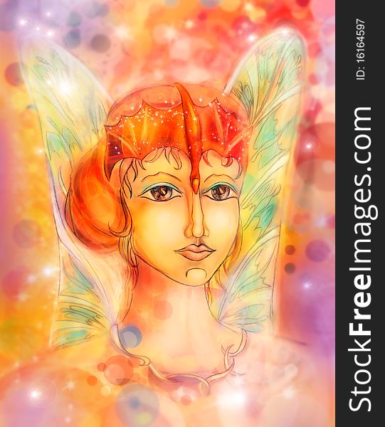 Fairy with a crown as a dragon, bright fiery picture