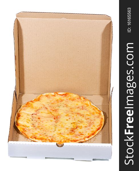 Pizza in open paper box on white background