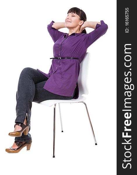 Young adult woman sitting on chair. over white background. Young adult woman sitting on chair. over white background